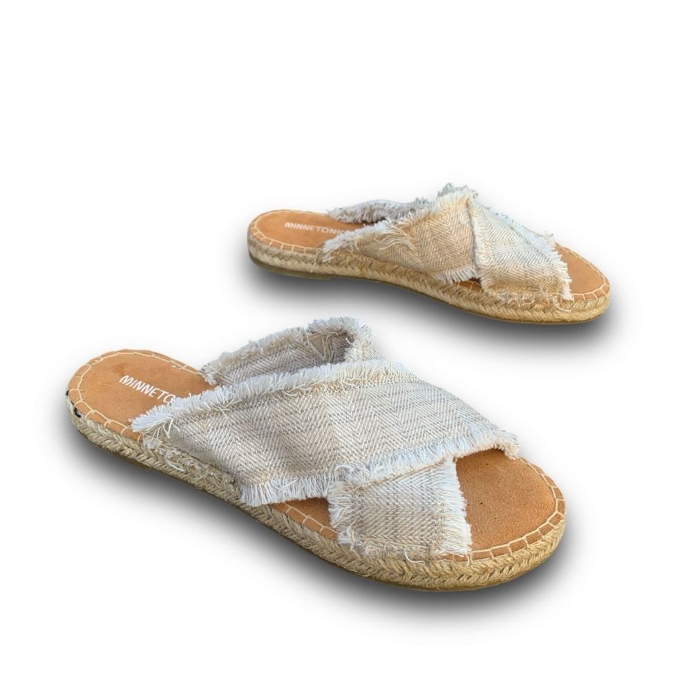 Minnetonka Women's Cream Slip-On Sandals - Picture 12 of 12